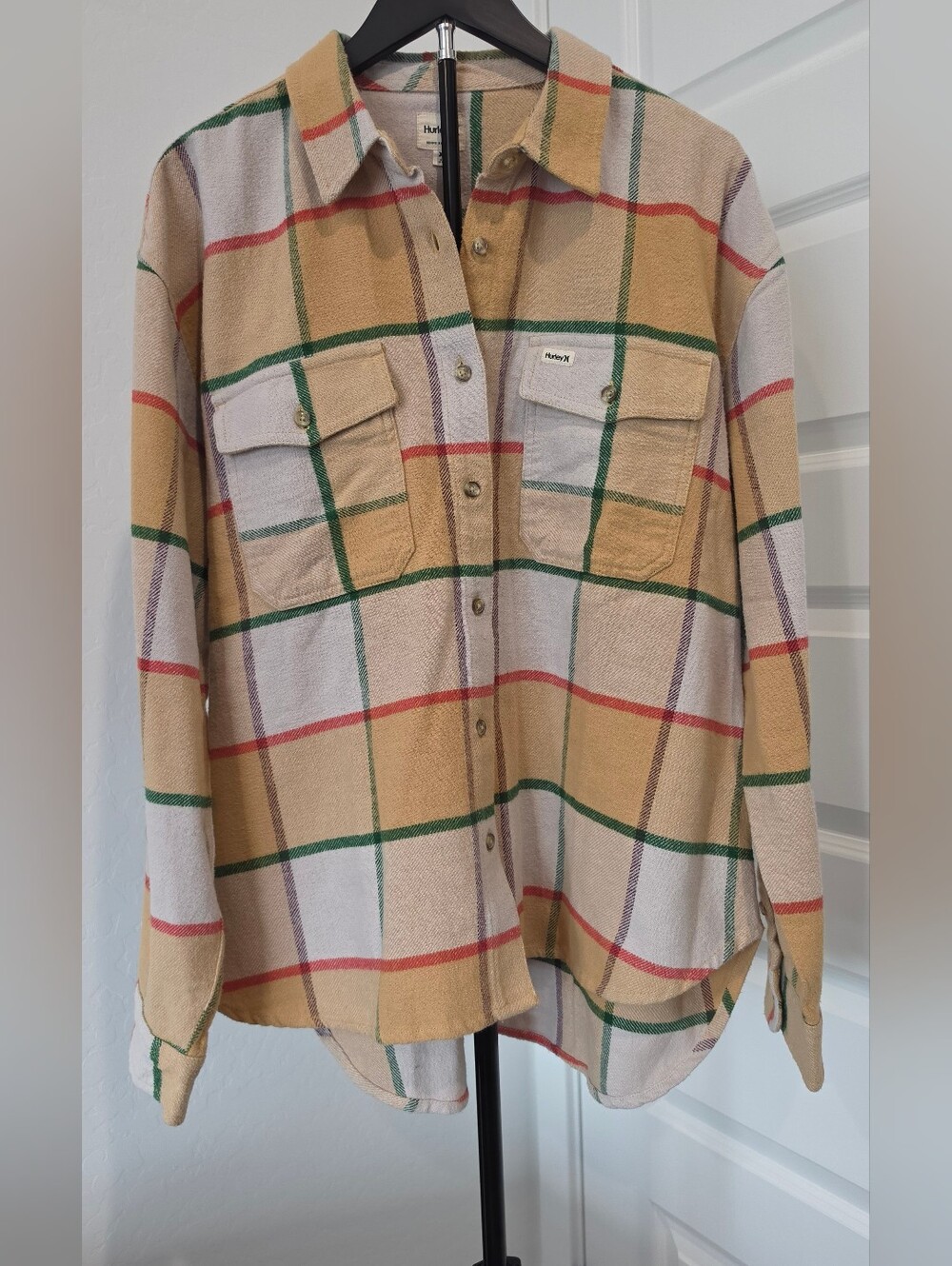 Hurley Yellow Fall Plaid Button-Up Flannel Shirt Shachet w/Green Red Women Sz XL